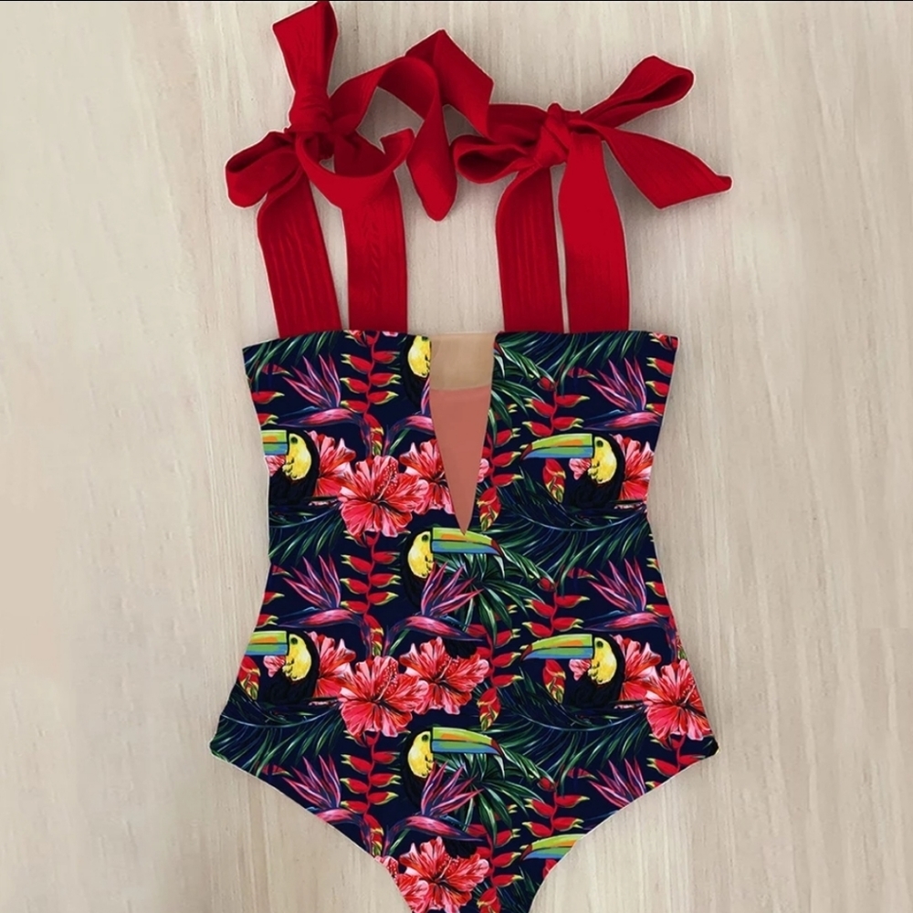 Floral Print Bow Swimwear Hollow Out Bath…